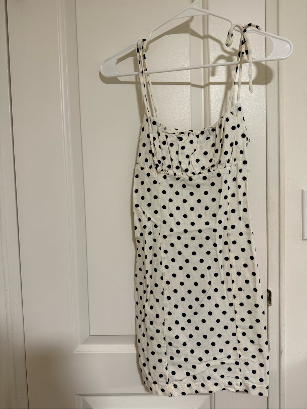 White Polka Dot Tie-Shoulder Mini Dress - Black Dot Print